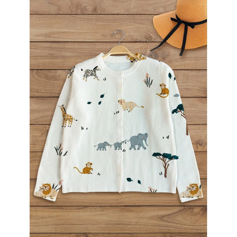

Preppy Style Lion Bear Panda Print Women's Sweater Knit Cardigan Thickened Loose Crew Neck Long Sleeve Button Autumn Winter