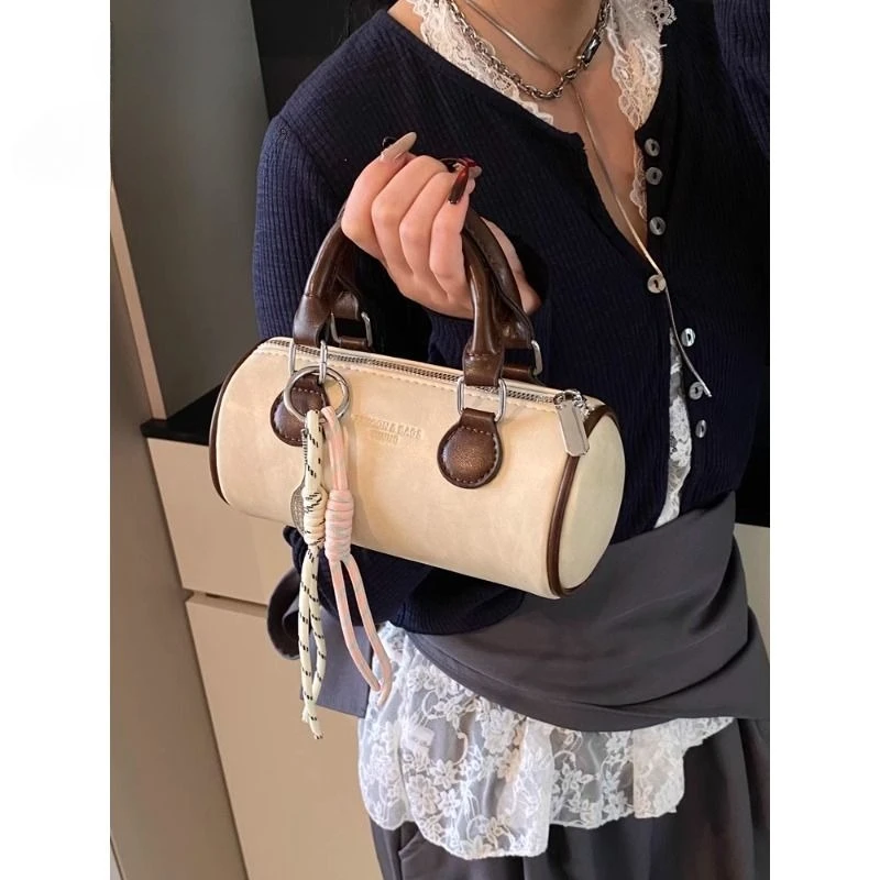 High-end Contrasting Color Handbag Women' Versatile Shoulder Cylinder Bag Fashionable Messenger Bag Simple Personality Exquisite