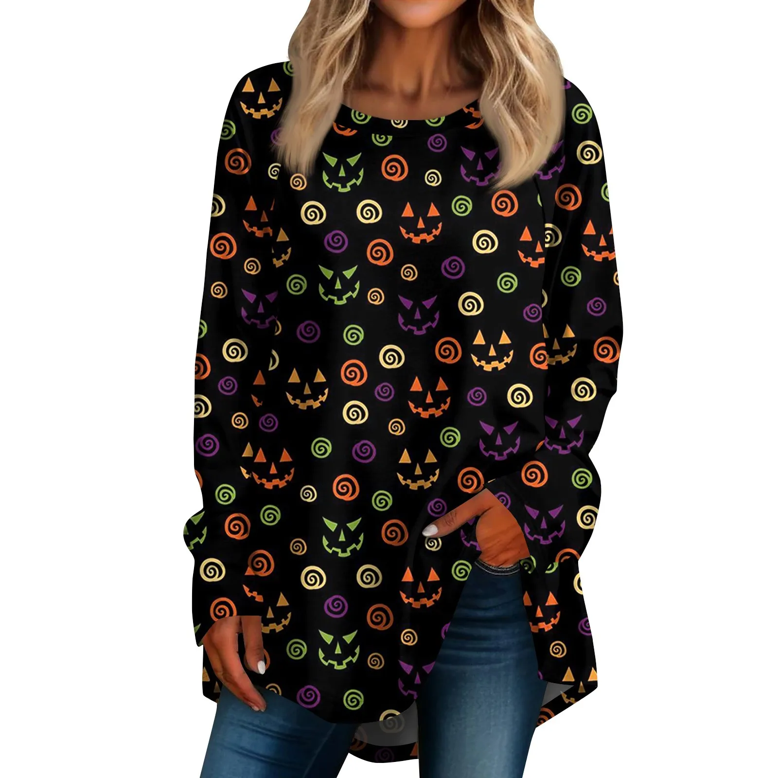 Halloween Women\'s Casual Plus Size Long Sleeved Round Neck Retro Printed T-shirt Top Top female футболка женский Roupas Feminina