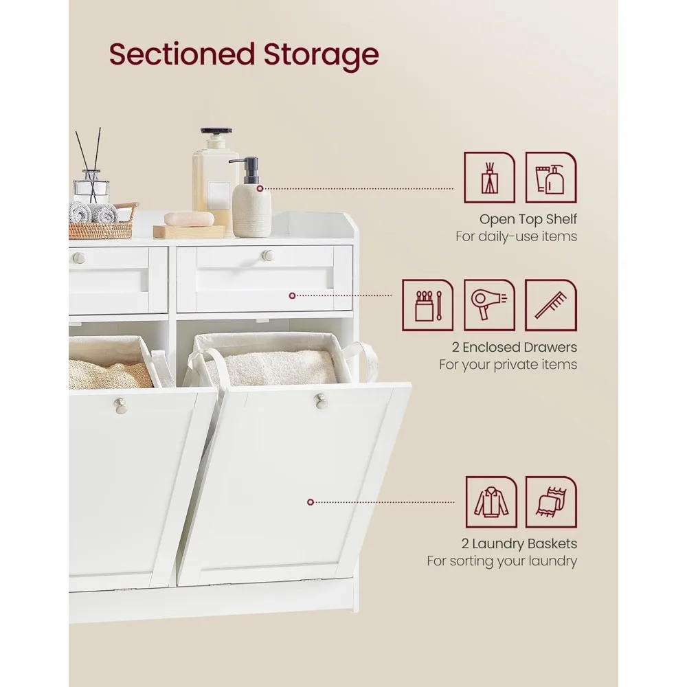 Bathroom Laundry Cabinet with Basket, with 2 Drawers and 2 Hidden Laundry Hampers, Freestanding, Tilt-Out Laundry Baskets