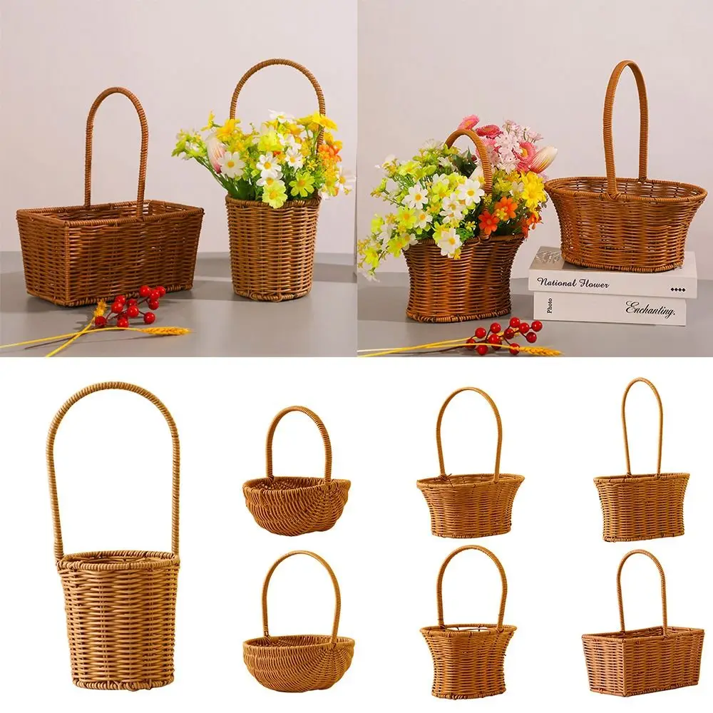 Imitation Rattan Handhold Weaving Basket Brown with Handle Braid Storage Baskets Sundries Organizer Vegetable Fruit Flower