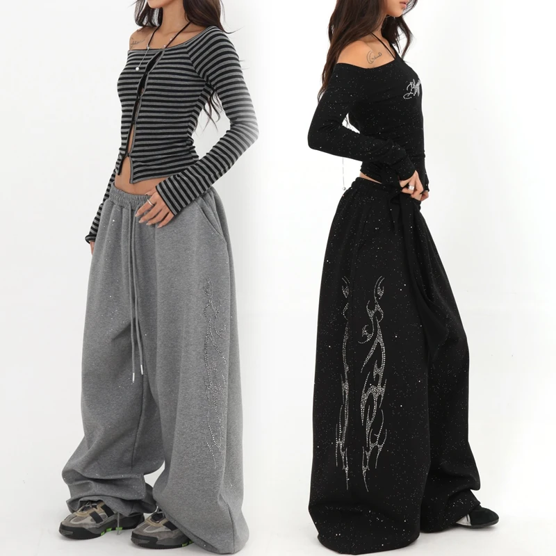 

Silver Sparkling Loose Wide Leg Casual Pants Women's Jazz Dancing Pants American Street Sle High Waist Long Pants Asymmetric