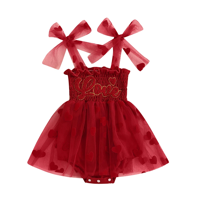 Baby Girls Rompers Dress Valentine s Day Clothes Letter Embroidery Heart Print Skirt Hem Tie-Up Shoulder Straps Bodysuits