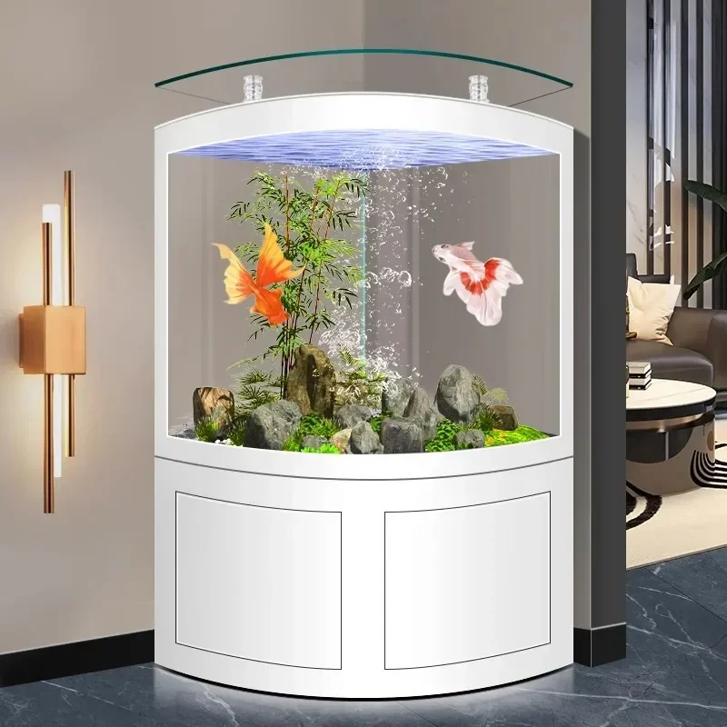 Triangular fan fish tank living room by corner bottom filter floor corner curved glass large aquarium