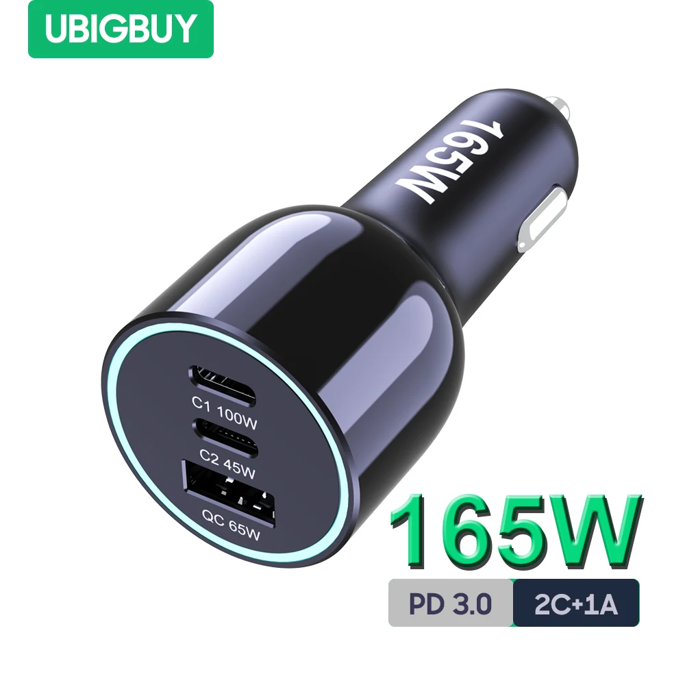 Ubigbuy 165W USB C Car Charger PD 100W Type C Car Charger Adapter QC5 PPS 45W Super Fast Charging for MacBook Pro iPhone Samsung