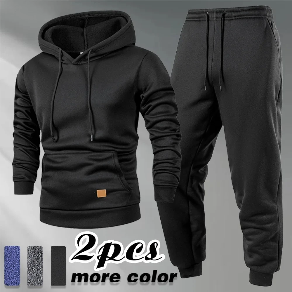 Basic Plain Men Two Piece Hooded Matching Set Front Kangaroo Pocket Hoodie + Elastic Drawcord Jogger Pants Wrinkle Resistant