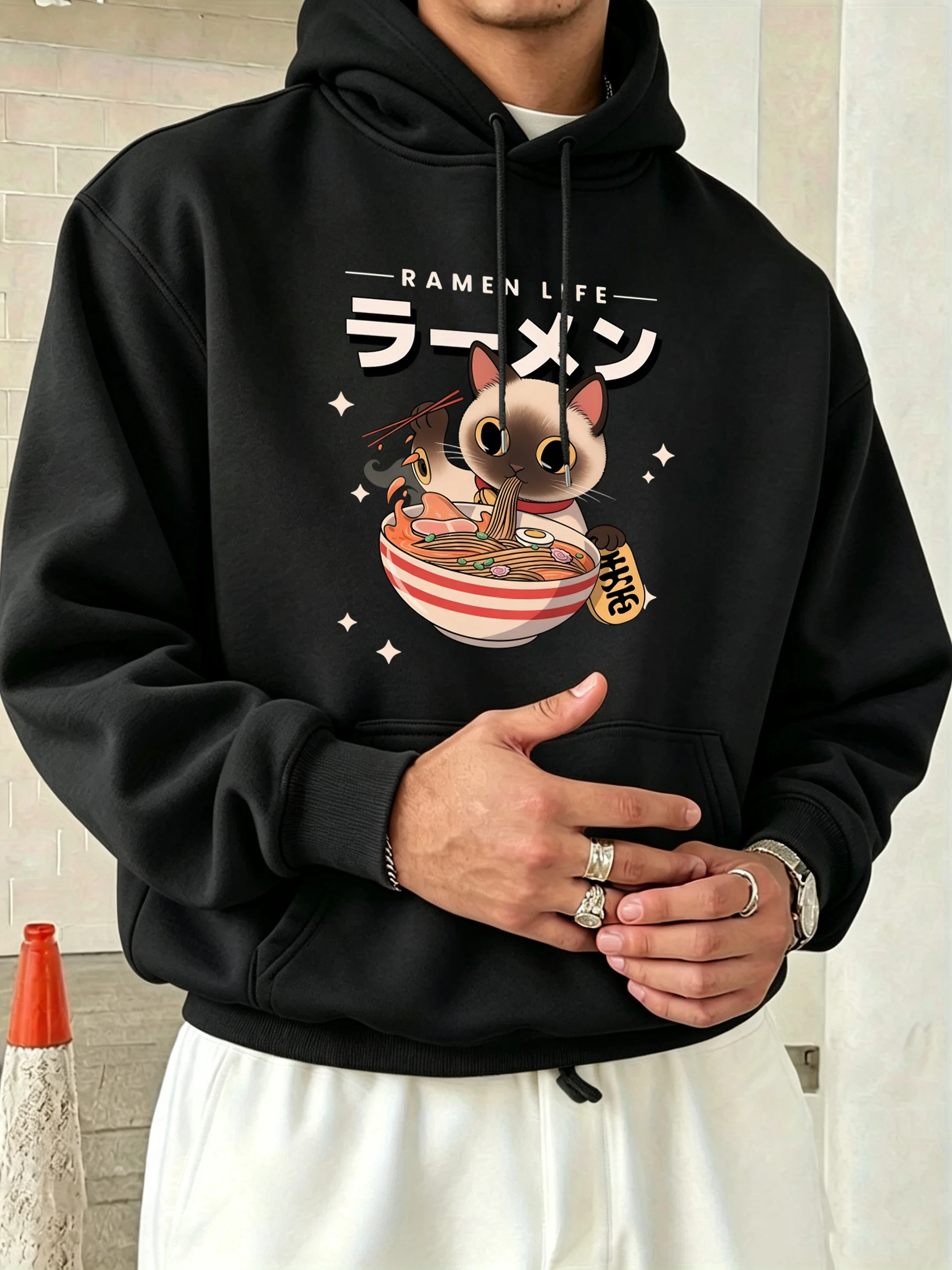 Kitten'S Daily Lamian Noodles Pattern Men O-Neck Casual Clothes Autumn Fleece Retro Hoodie Loose Unisex Color Fashion Streetwear