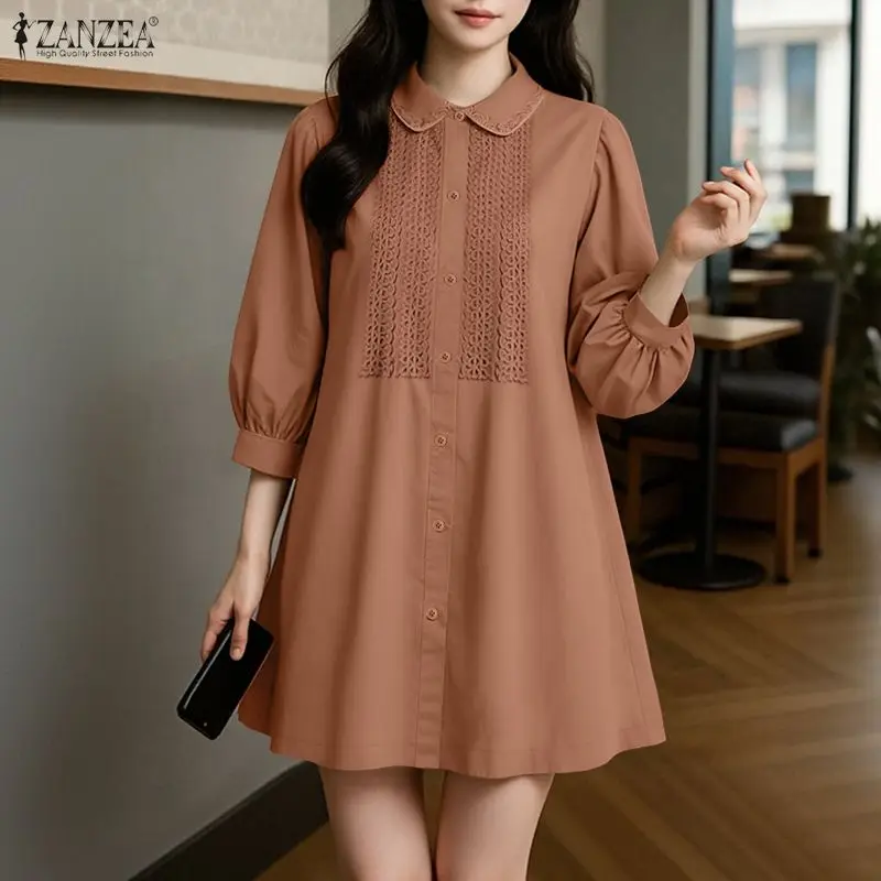 ZANZEA Women Sexy Mini Dress Summer Lapel Solid Color Short Sundress 3/4 Puff Sleeve Lace Holiday Vestidos Korean Street Robe