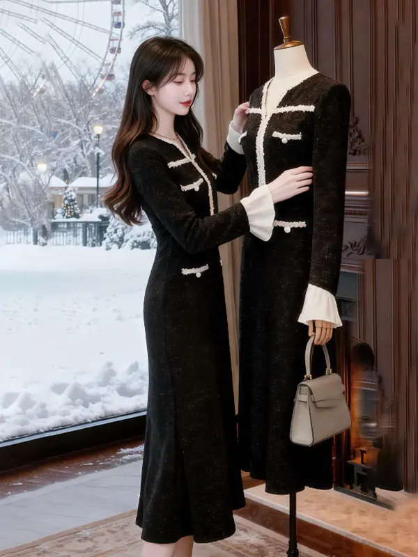 

Ele Bla V-Ne Long Dr Slim Fit Wrap around mid Waist Winter Faion Busin Casual Ciwalk Tour Date Miu Sle