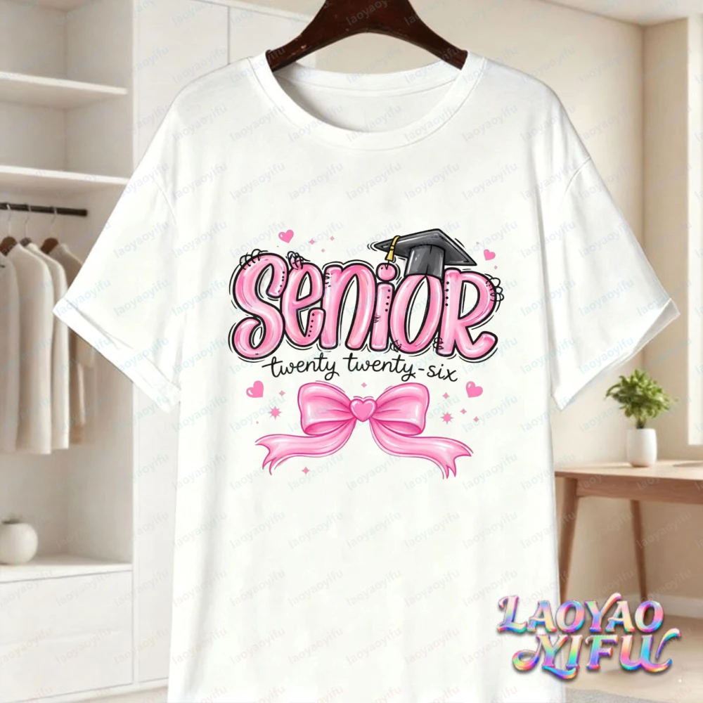 Senior 2026 Cotton T-Shirt for Women Coquette Pink Bow Graphic Tee Cute Graduation Casual Top Kawaii Graduation Girls Clothes