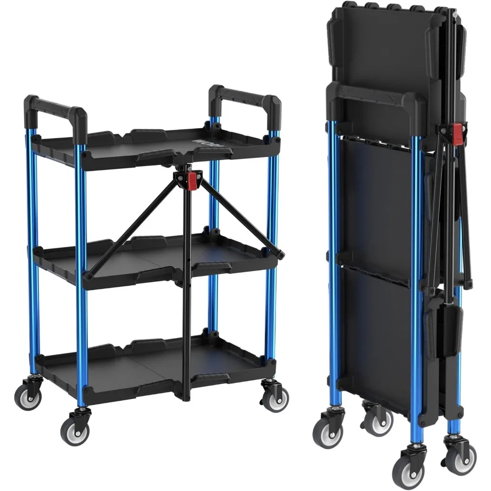 

3-Tier Collapsible Service Cart, 210 LBS Foldable Utility Service Cart with Wheels, Portable Tool Cart for Garage, Wareh