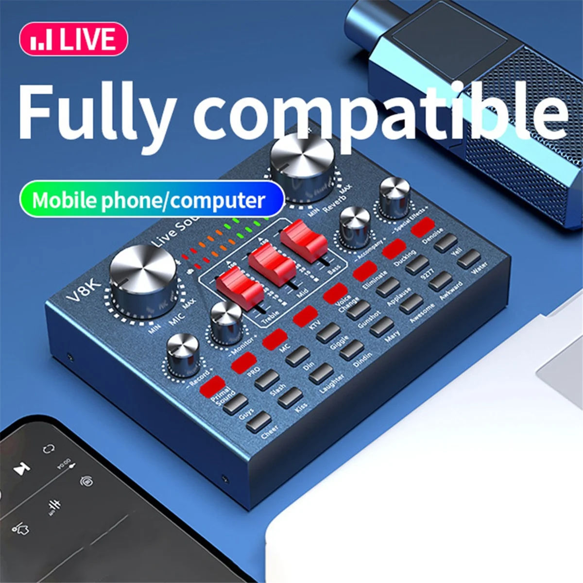 SLQZT V8K Audio USB External Sound Card Multi Portable Microphone Live Broadcast Sound Card for Mobile Phone Computer