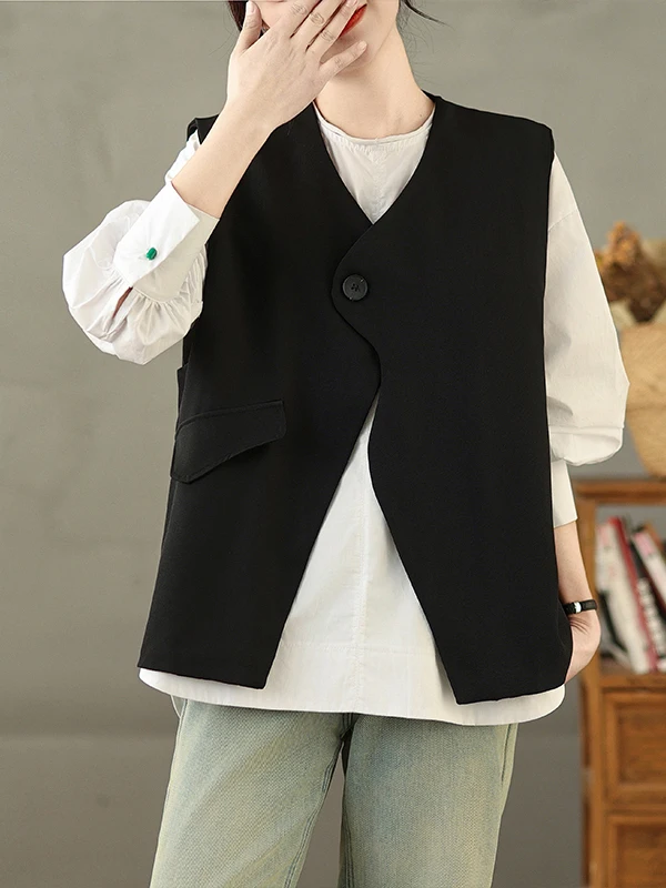 

Faionable Color Vest Jaet Large Size Women's One Button V-Ne Svel Casual Versatile oulder Top