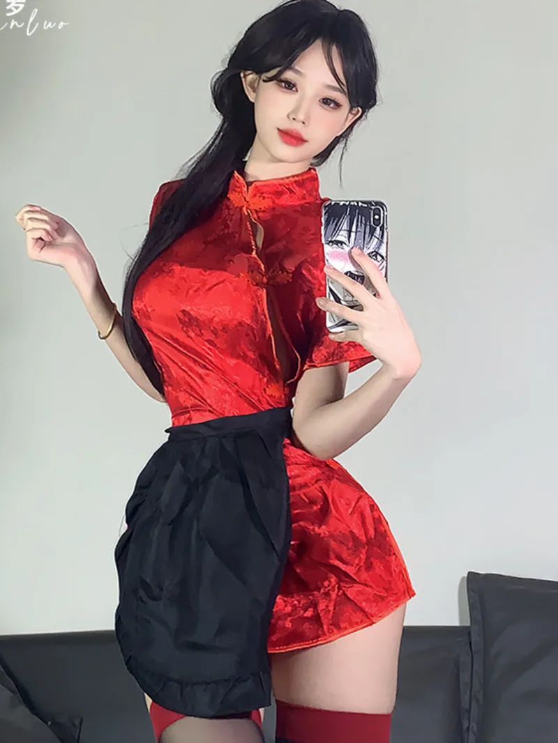 

Sexy Turtleneck Short Cheongsam Sleeves Printing Package Hip Dresses Chinese Style Cheongsam Soft Girl Dress Vintage Fashion RTM
