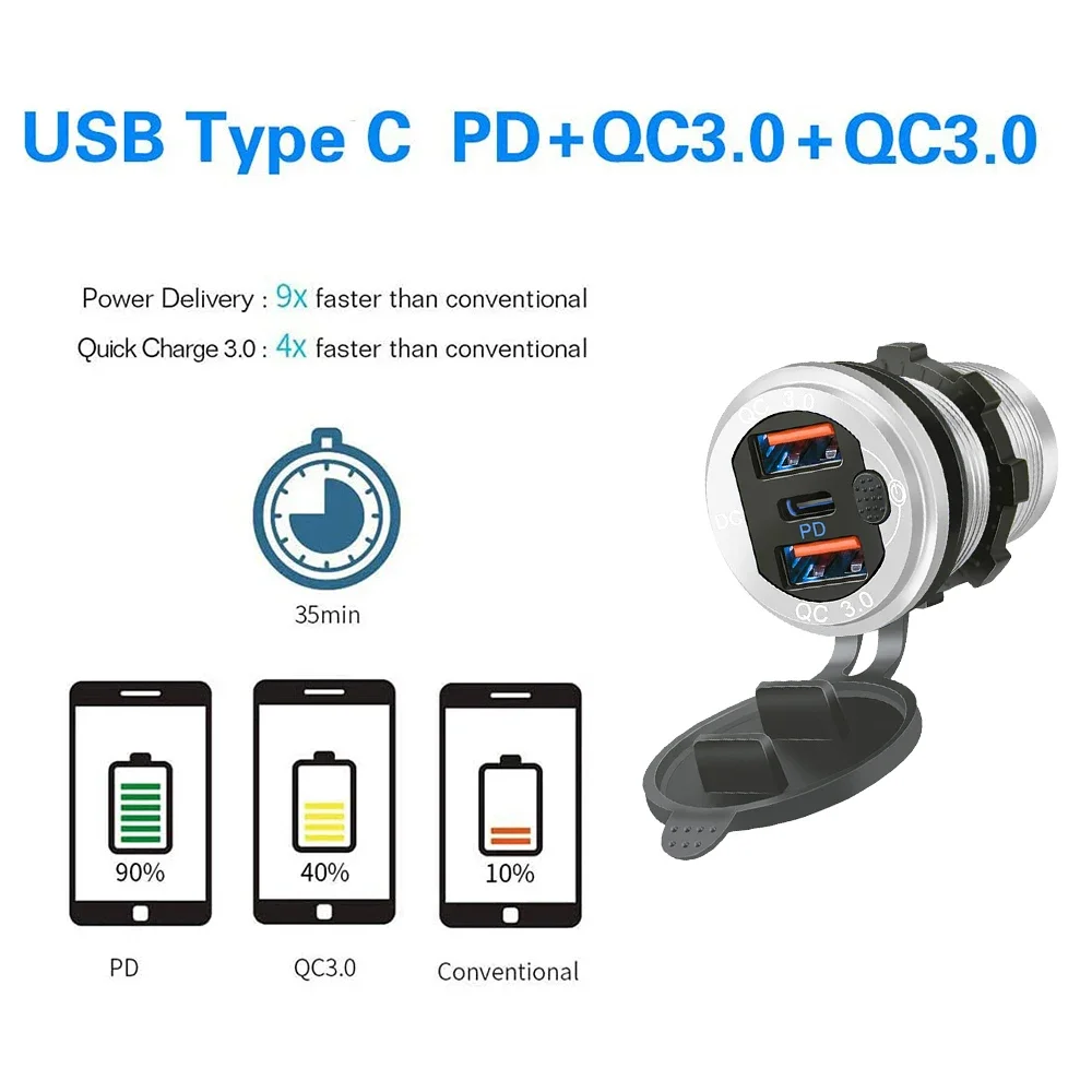 Newest Car Charger QC 3.0 Aluminium 12V/24V Car 3 Port Charger Adapter with Switch PD Type C Triple Quickly Charger