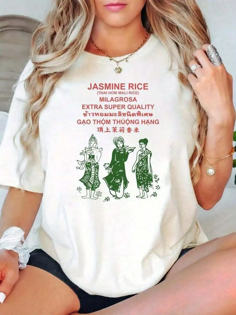 Camiseta Gráfica de Arroz Jazmín de la Herencia Tailandesa para Mujer - Camiseta de Cuello Redondo Suave de 180g con Diseño Tradicional Tailandés