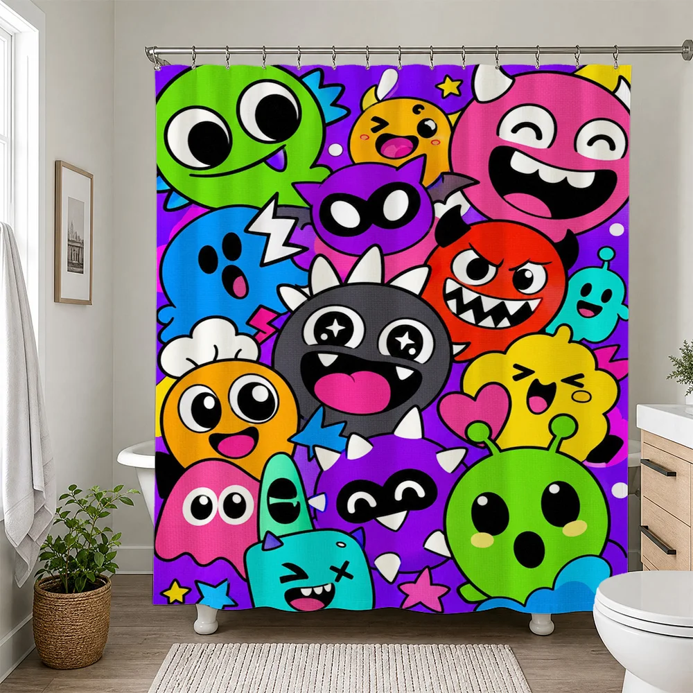 Fun Colorful Cartoon Monsters Shower Curtain Bathroom Decor Novelty Pop Art Kids Shower Curtain