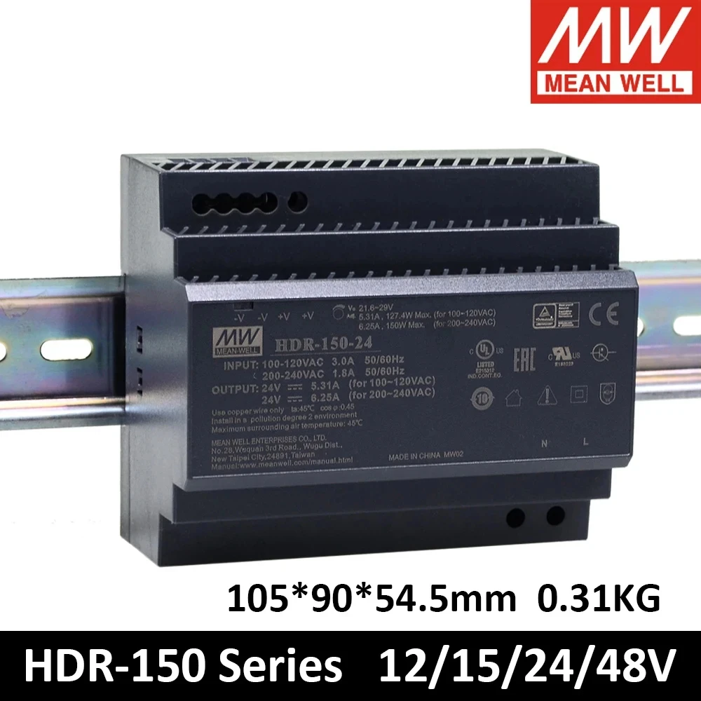 MEAN WELL HDR-150 85-264VAC to DC 12V 15V 24V 48V Meanwell Ultra slim step shape DIN Rail Power Supply HDR-150-12 HDR-150-24