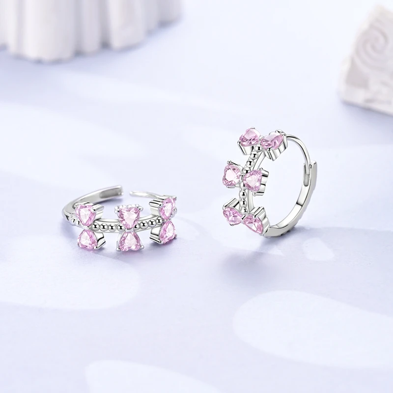 925 Sterling Silver Pink Earrings Sparking Butterfly Bow Feather Hoop Earrings For Women Fine Birthday Anniversary Jewelry Gifts
