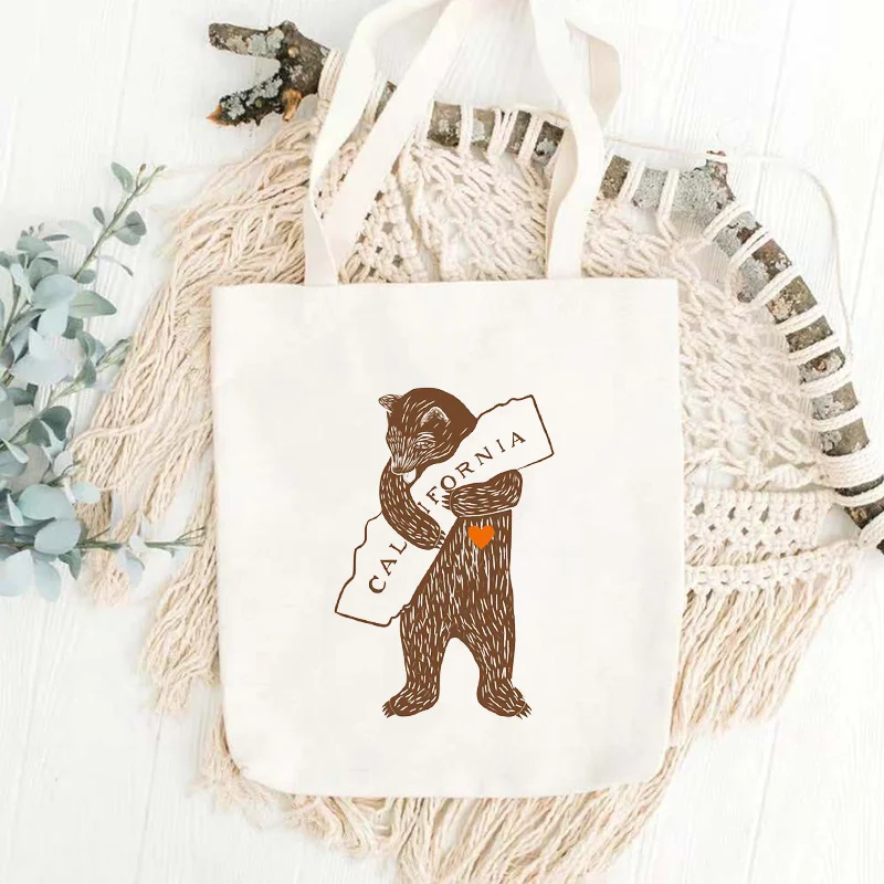 California Bear & State Outline Tote Bag - Unisex White Canvas Handbag with Brown Bear Print, California License Plate & Heart A