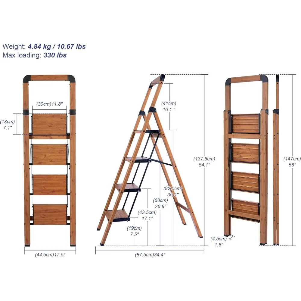 Antypoślizgowy, przenośny, wytrzymały, 4-stopniowy aluminiowy składany stołek z wykończeniem imitującym drewno do użytku domowego, kuchennego i biurowego.