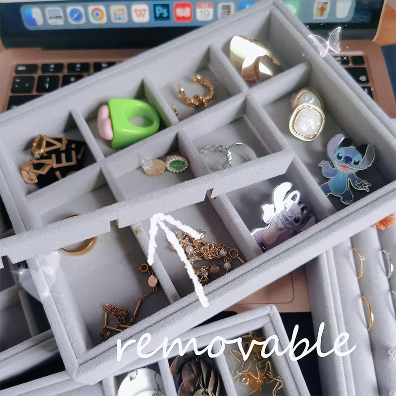 Velvet Jewelry Storage Tray Rings Organizer Earrings Drawer Necklace Display Box Grey Flocking Watches Case Stackable