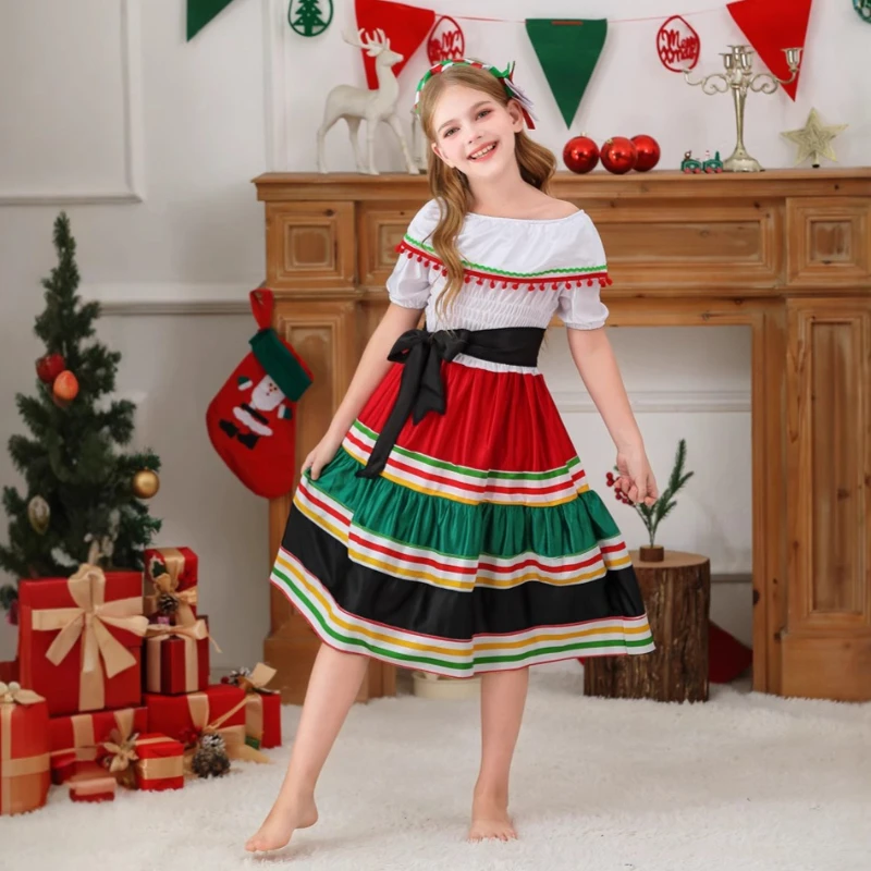 

2025 New Girl's Summer One Shoulder Belt Color Splicing Cake Skirt Half Sleeve Dress