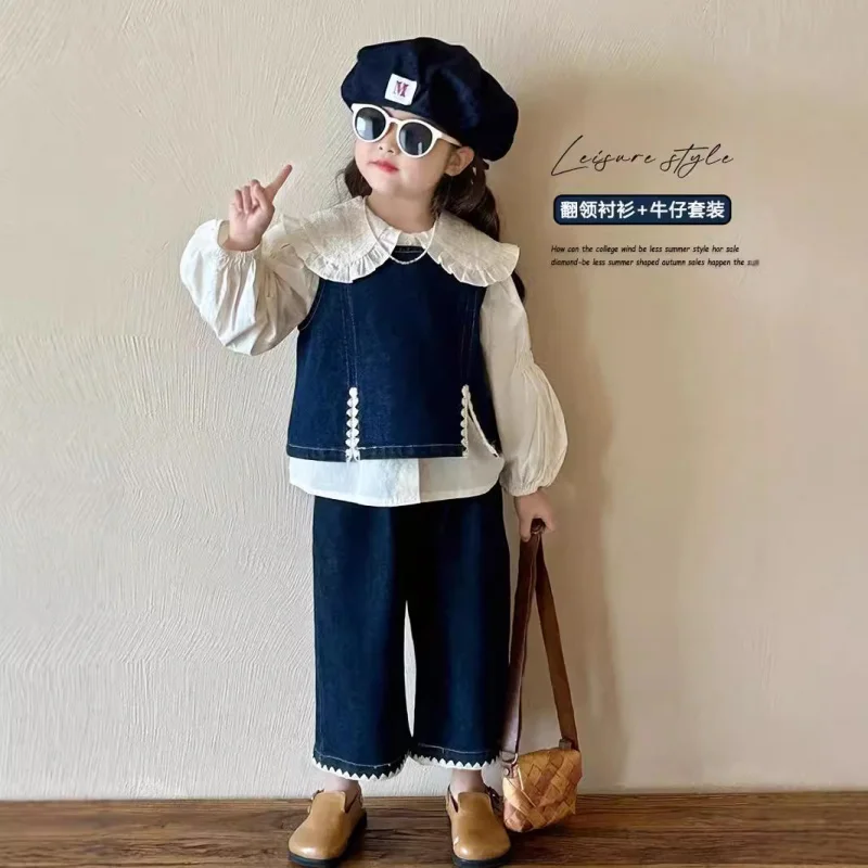 

Girls' Autumn Suit2024New Children's Autumn Clothing Denim Vest Little Girl Casual Western Style Stylish Two-Piece Suit