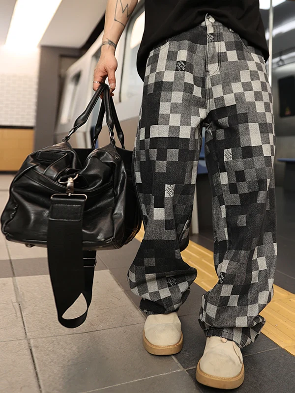 

Retro American Heavyweight Mosaic Check Wide Leg Loose Straight Cut Men's Jeans Casual Fashion Urban Style Cotton Denim