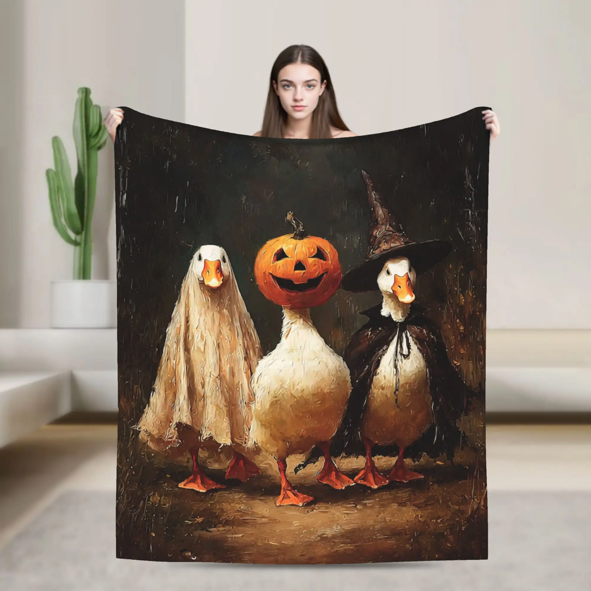 Spooky Goose Halloween Blanket Fleece Spring Autumn Witchy Ghost Multi-function Super Soft Throw Blankets for Bedding Throws