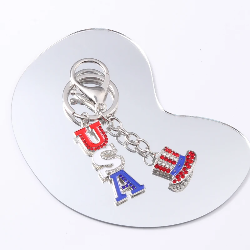 USA Letter Rhinestone Keychains Magic Hat Independence Day of the United States Cool Key Rings For Women Men Good Handmade Gift