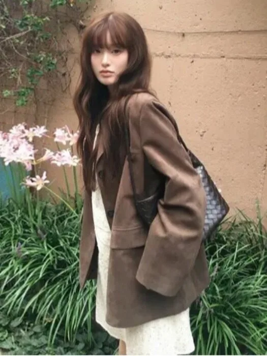 Retro Versatile Suede Jacket Women's Autumn Winter Loose Casual Suit Collar Top Polyester Fabric Chinese Made Fashion Ladies'...