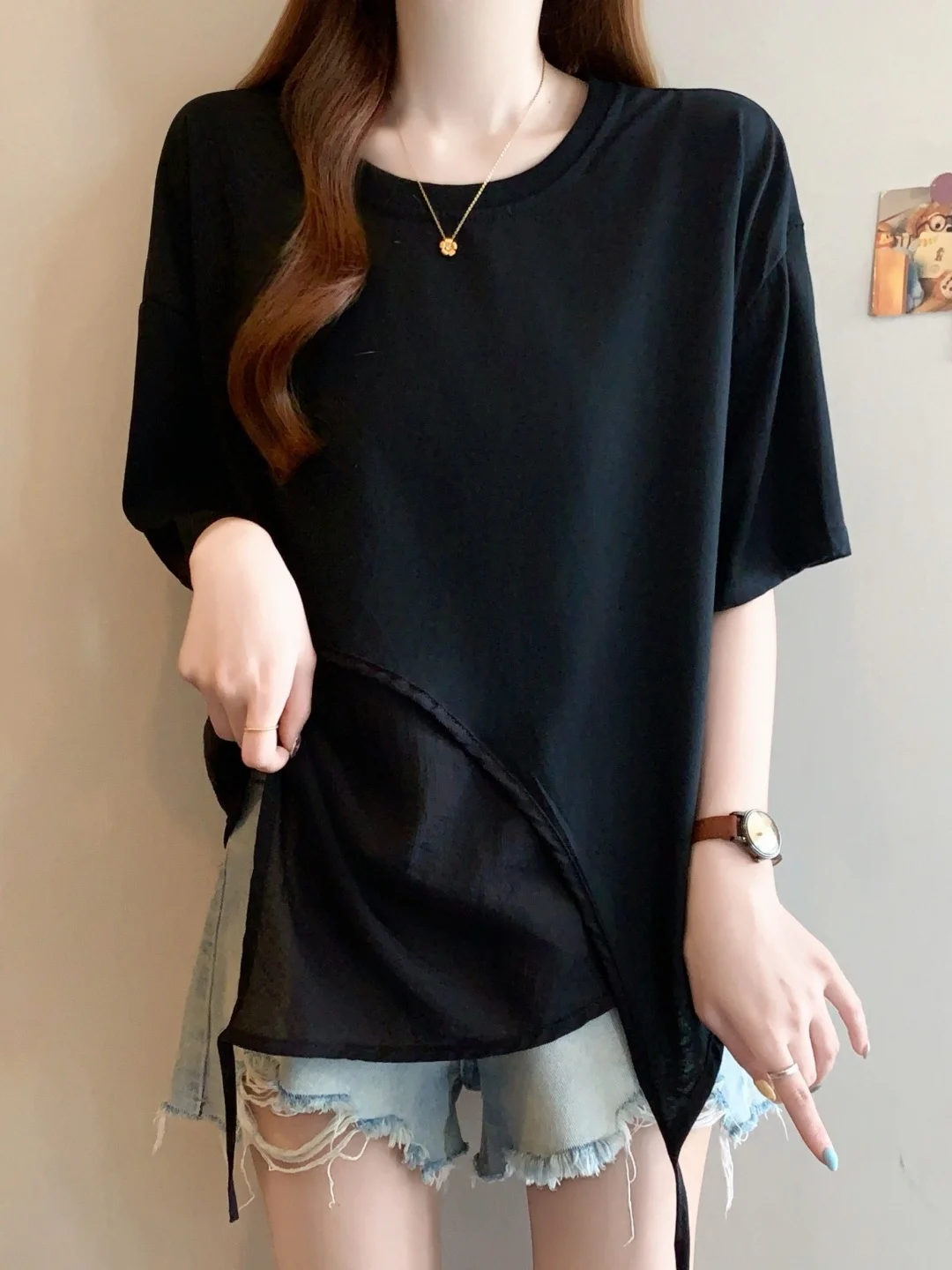 Summer New plus Size Women's T-shirt Irregular Short Sleeve Loose Belly Covering Top High Waist round Neck Basic Style Commute