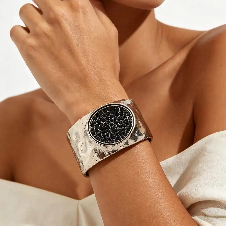 

Exaggerated Vintage Wide Cuff Bracelet With Black Pave Stone For Women