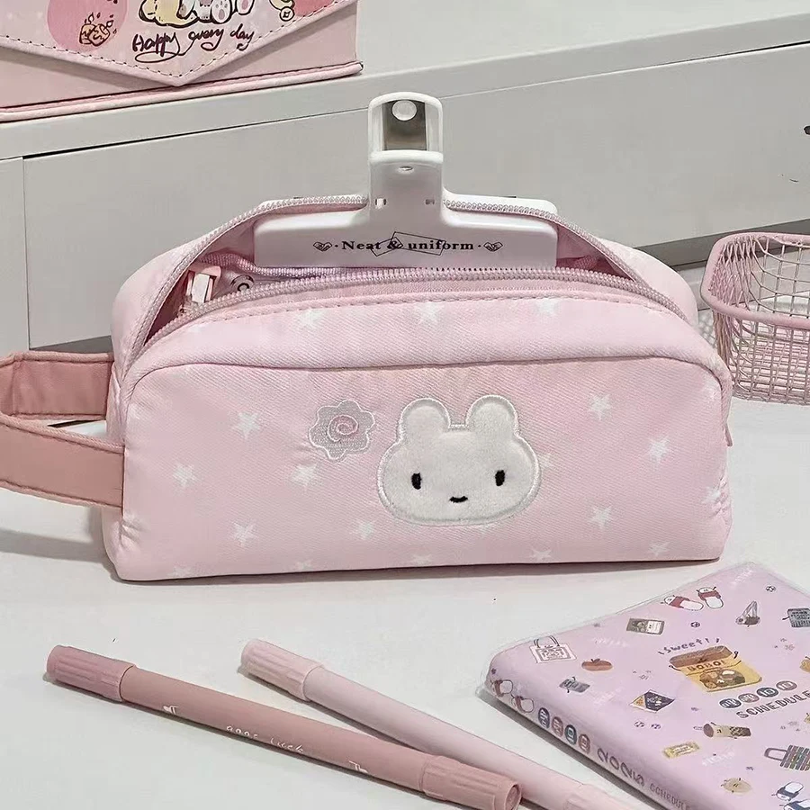 Multifunctional Pink Pen Bag Star Rabbit Pattern Handheld Pencil Case Zipper Design Large Capacity Stationery Organizer Students image 5