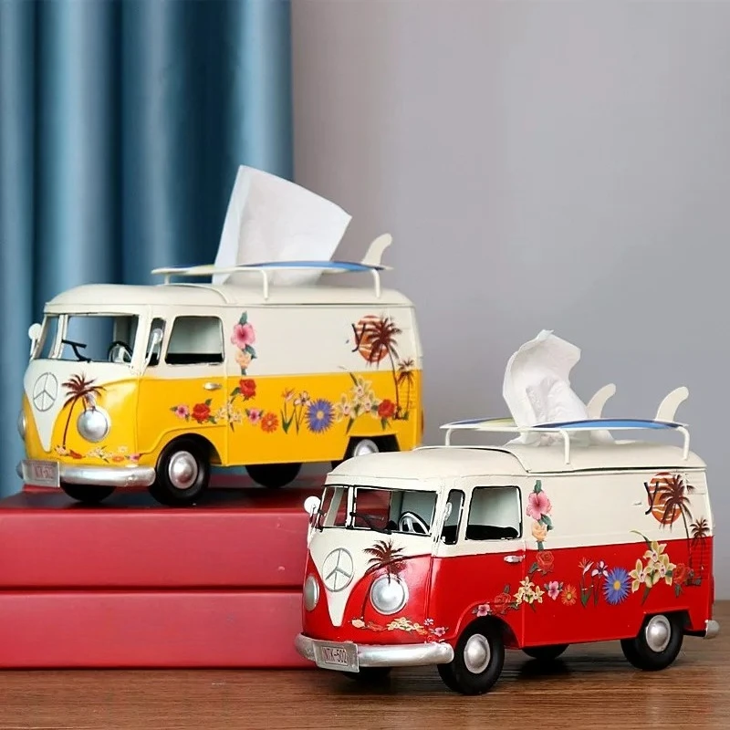Industrial style creative wrought iron retro bus tissue box model container pumping carton decorative home ornament
