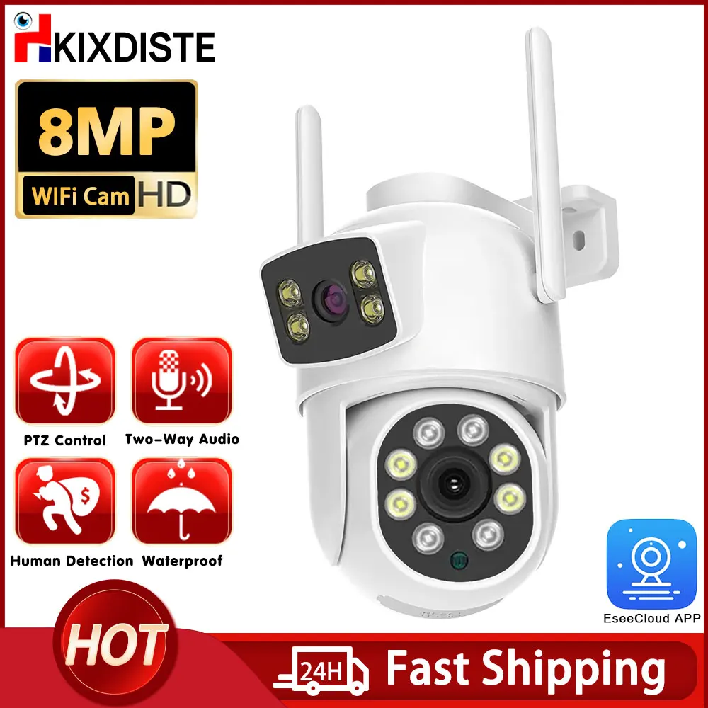 

EseeCloud 4K 8MP Двойной объектив Двойной экран Мини Беспроводная PTZ-камера Двусторонняя аудио Цветная камера ночного видения Открытая водонепроницаемая Wi-Fi камера