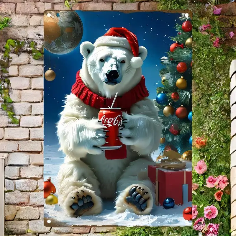 Christmas Polar Bear Coca - Cola Vintage Metal Tin Sign, Festive Red - White Iron Wall Art, Retro Xmas Decor for Home Office, Ho