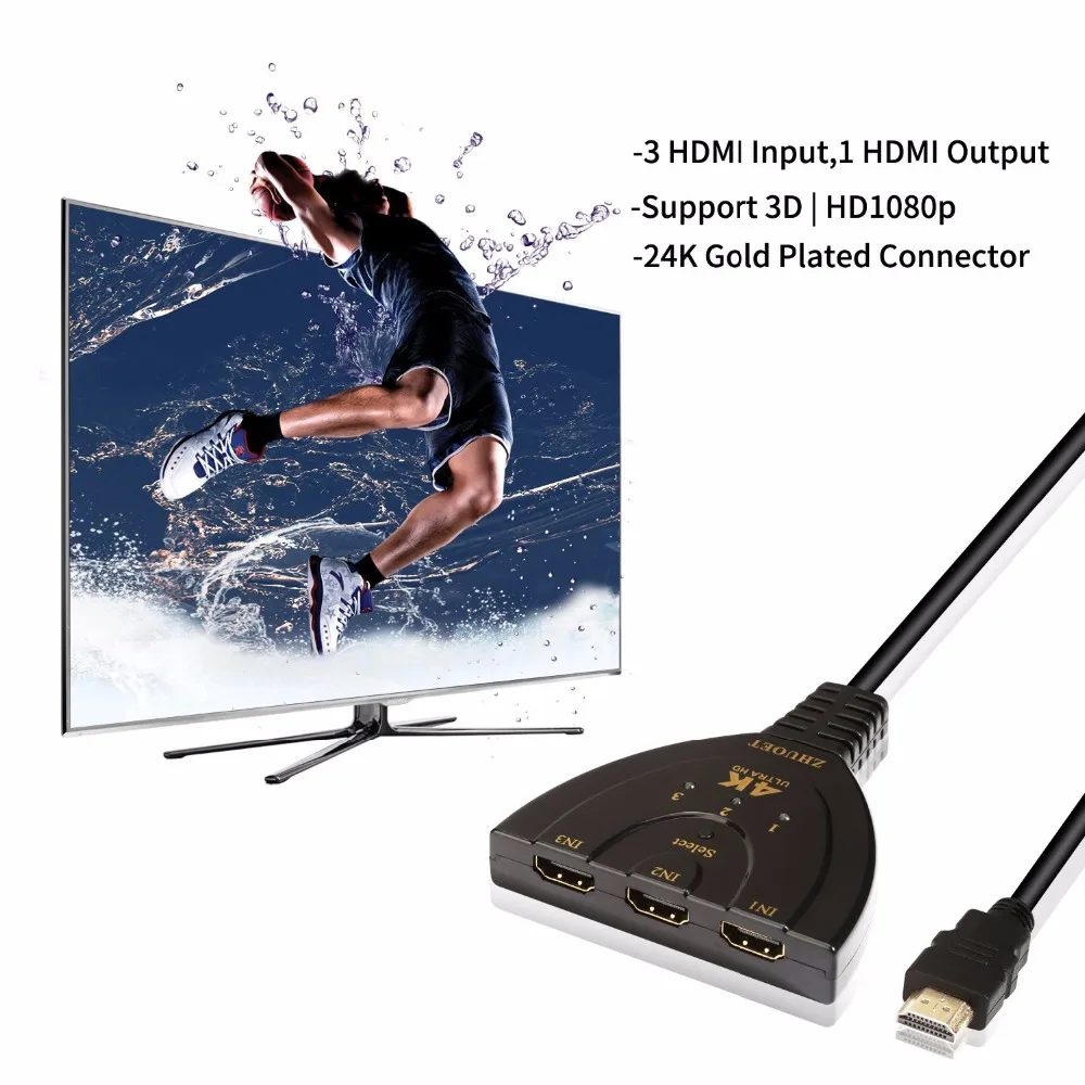 4K * 2K 3D Mini 3 พอร์ต HDMI เข้ากันได้กับสวิทช์ 1.4b 4K Switcher Splitter 1080P 3 ใน 1 out Port Hub สําหรับ DVD HDTV Xbox PS3 PS4