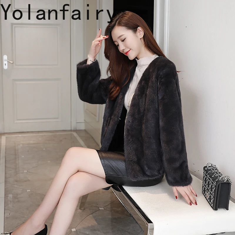 YOLANFAIRY معطف فرو طبيعي قصير امرأة المنك سترة الشتاء موضة الخامس الرقبة عالية الجودة معاطف وسترات فرو المنك كاملة Casacos