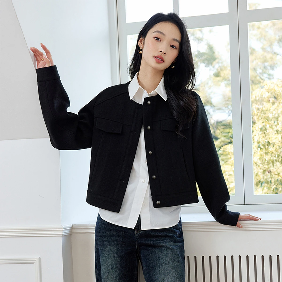 VIMLY Schwarze Jacke für Damen, 2025, Herbst-Safari-Stil, Rundhalsausschnitt, lange Ärmel, Damenmäntel, elegant, lose Knöpfe, weibliche Oberbekleidung M8795