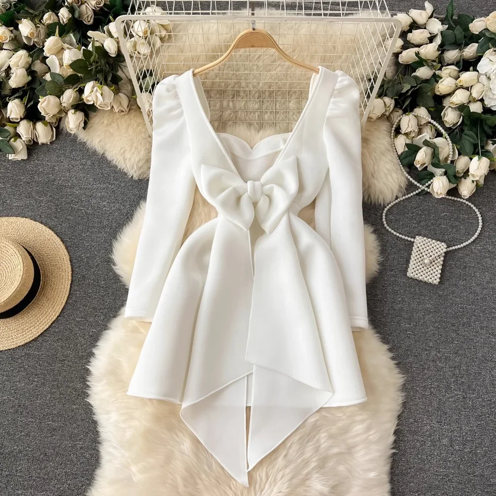 TWOTWINSTYLE Solid Wedding Dress For Women Square Collar Long Sleeve Backless Temperament Slim Dress Female Fashion KDR521980