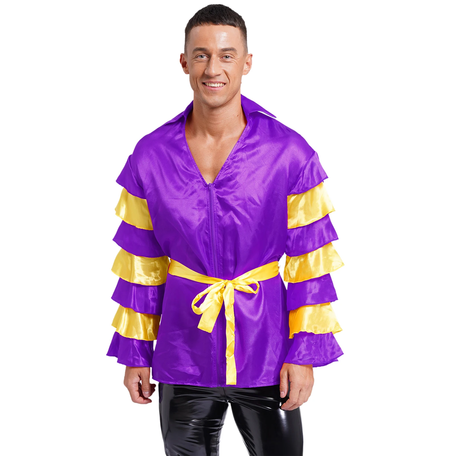 Camisa de cetim com cinto para homens, espanhol Paso Doble Flamenco Ballroom Dancing, Halloween Carnivals, Cosplay Performance