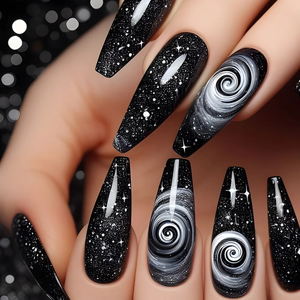 10pcs Long Ballet Fake Nails Handmade Black False Nail with Swirling Stars Design Nail Art Unique Cool Full Cover Press on Nails