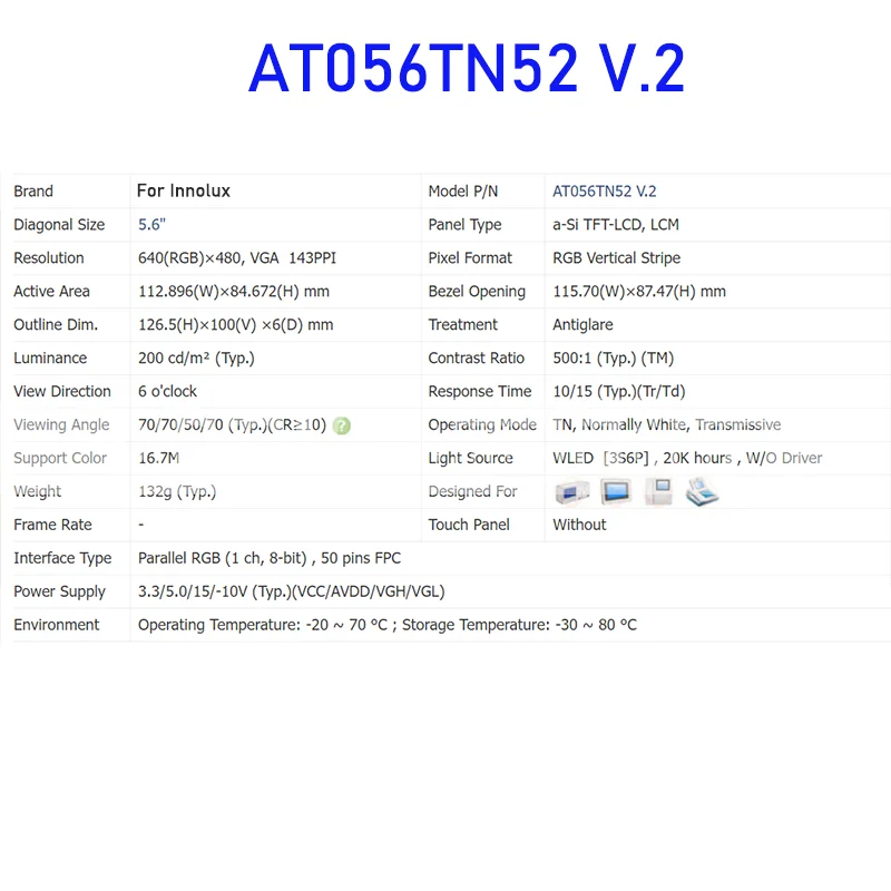 AT056TN52 V.2 5.6 Inch Original LCD Display Screen Panel for Innolux Brand New and Fast Shipping 100% Tested