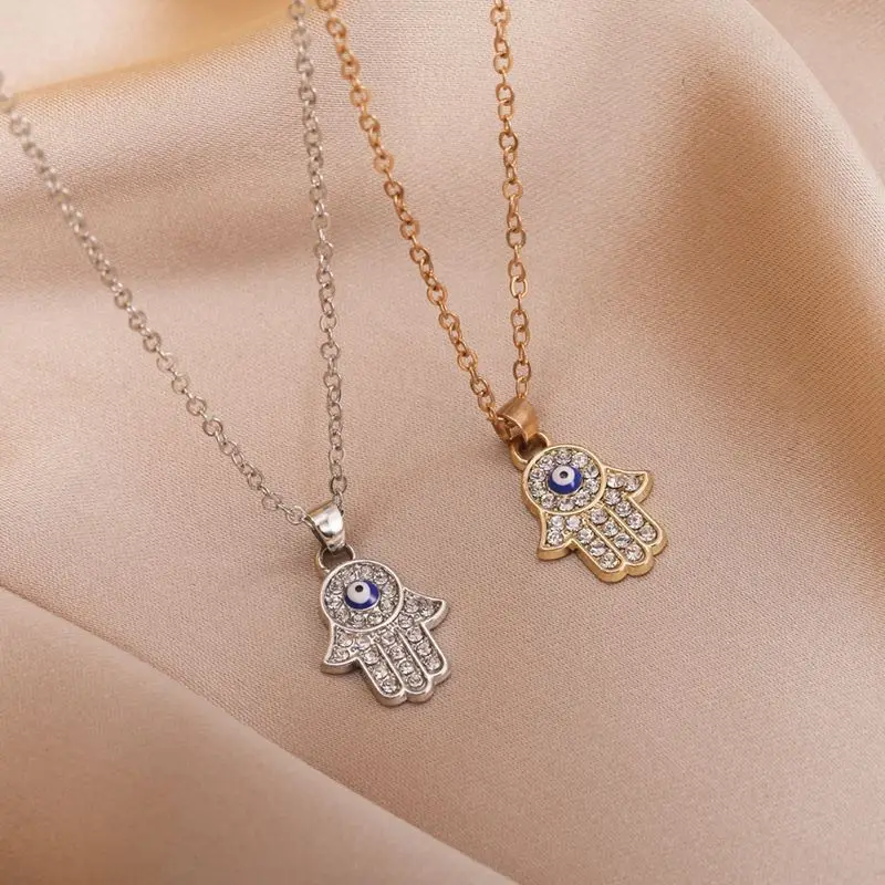 2025 New Women's Necklaces Fashion Zircon Blue Evil Eye Fatima Hand Pendant Necklace Jewelry
