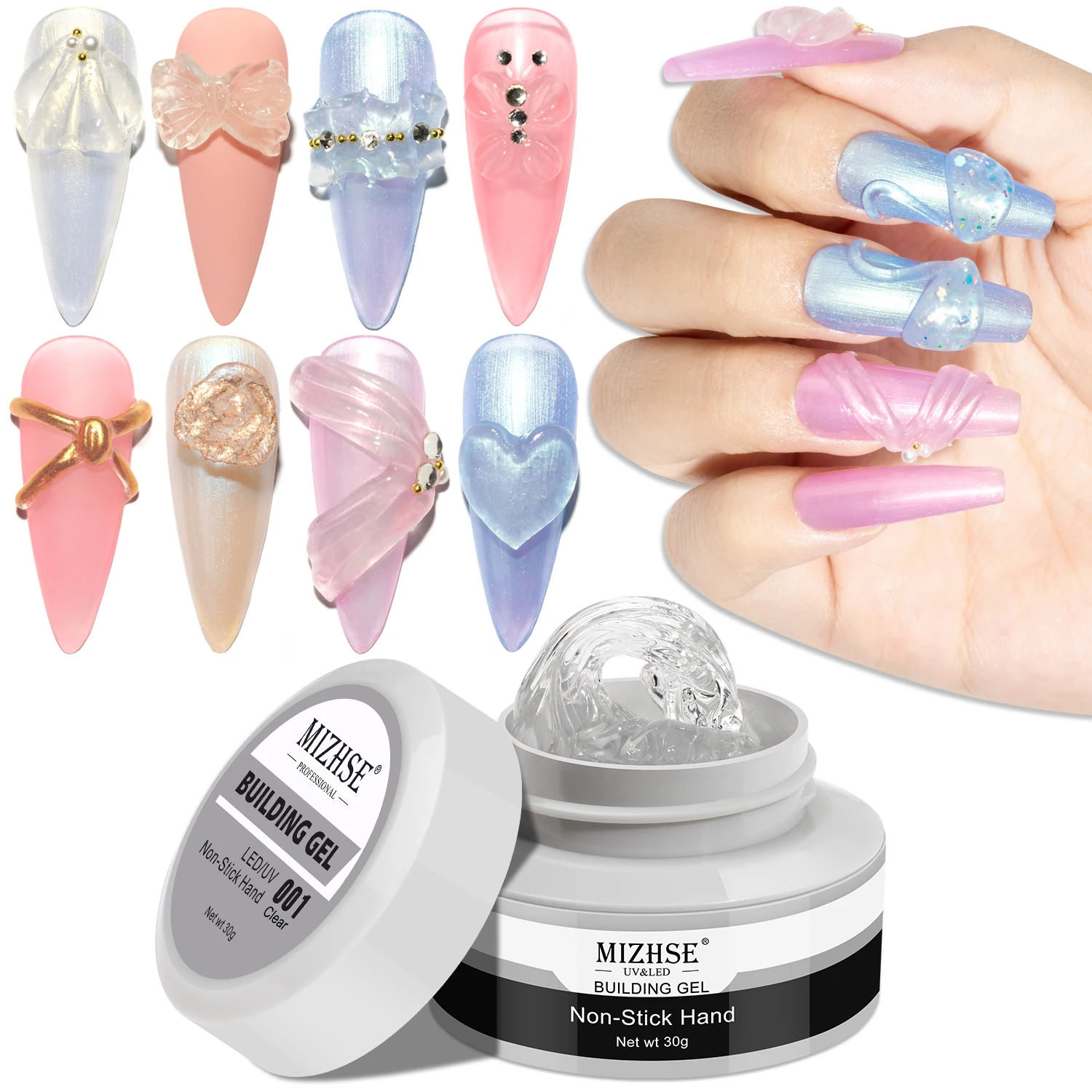 MIZHSE 30G Solid Builder Gel Kit Quick Extension Nail Gel Non Stick Hand Clear 3D Nail Art Decoration Gel With Fake Nails Set