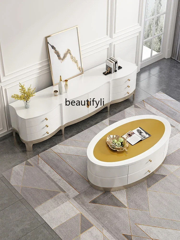 K18 Solid Wood TV Cabinet Coffee Table Combination Modern Living Room Background Wall Cabinet French Small Apartment Floor Cabin