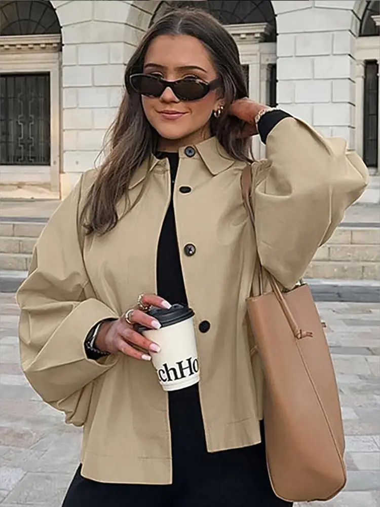 

Casual Khaki Single Breast Loose Windbreaker Women Fashion Lapel Long Sleeve Short Thin Coats Autumn New Lady Commute Streetwear