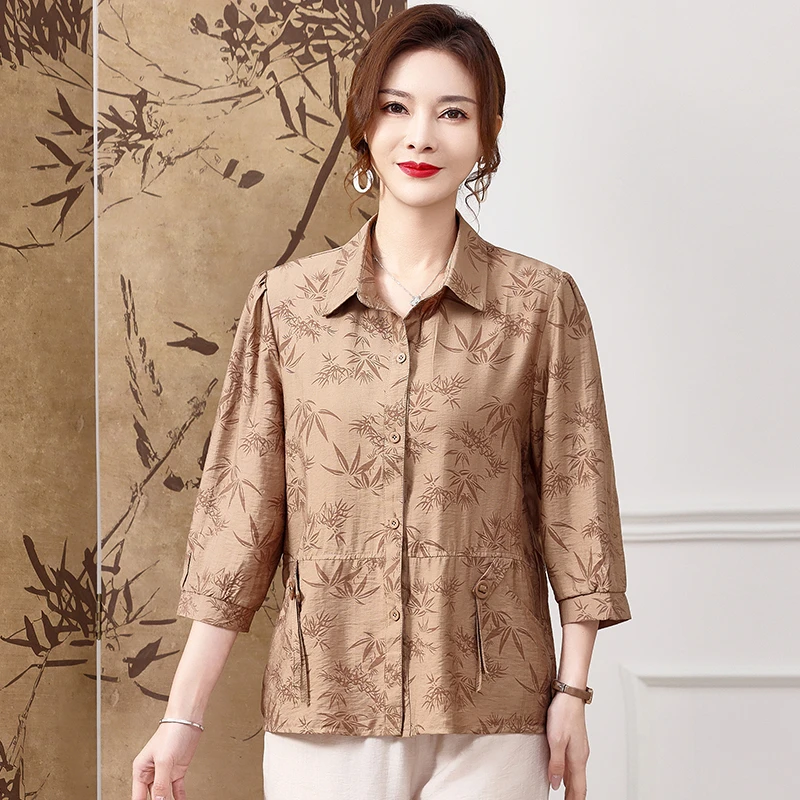 

Spring Faion Cotton Silk irt Set for Middle-Aged Women Long Sve Collar Button Detail Loose Fit Two-Piece Outfit